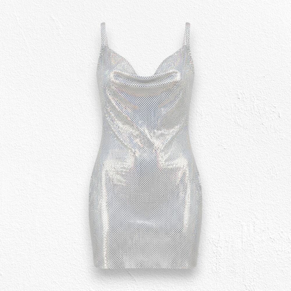 House of Harlow Iridescent Metal Mesh Disco Mini Dress Drape Neck Size Small NWT
